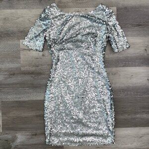 Ark & Co Sequin Shimmer Mini Dress Silver Gray Scoop Back Holiday Event Small